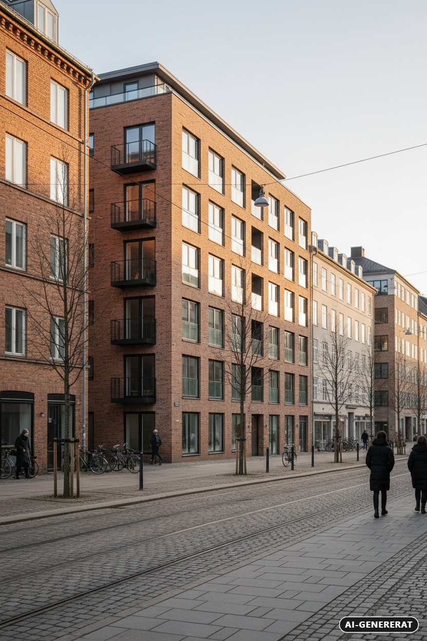 AI-genererad: En modern tegelbyggnad med svarta balkonger längs en gata med spårvagnsspår och gående människor.